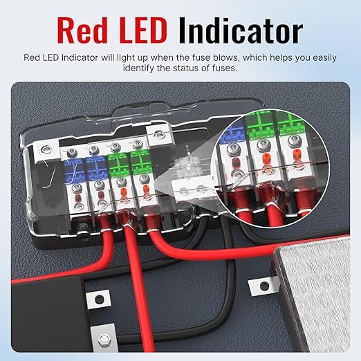 Bloco de distribuição de energia joinfworld 4 vias com fusíveis ANL e LED vermelho para som automotivo.