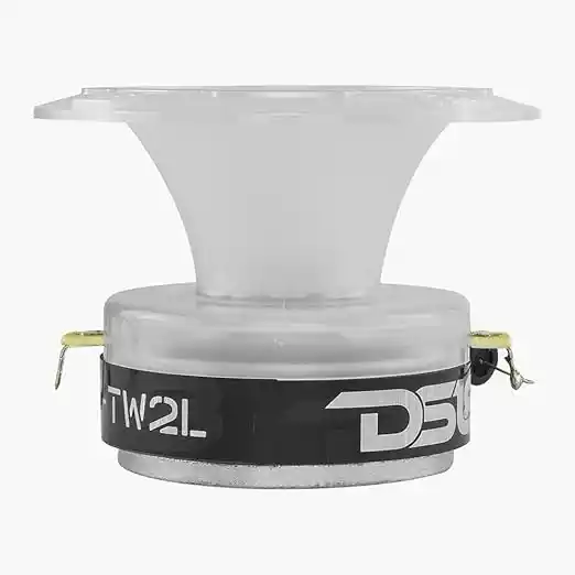 Imagem do super tweeter automotivo DS18 Pro-TW2L RGB na cor vermelha, desenvolvido com corpo em alumínio e iluminação LED RGB. O modelo possui potência máxima de 400W, 200W RMS, impedância de 4 Ohms e crossover integrado, sendo ideal para projetos de som automotivo personalizados e de alta performance.
