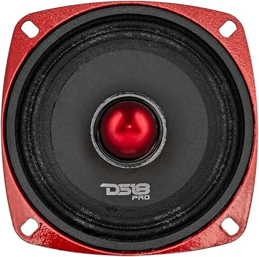 Alto-falante automotivo DS18 PRO-X4.4BMSL de 10 cm com moldura vermelha, cone preto e centro Bullet vermelho para som automotivo.