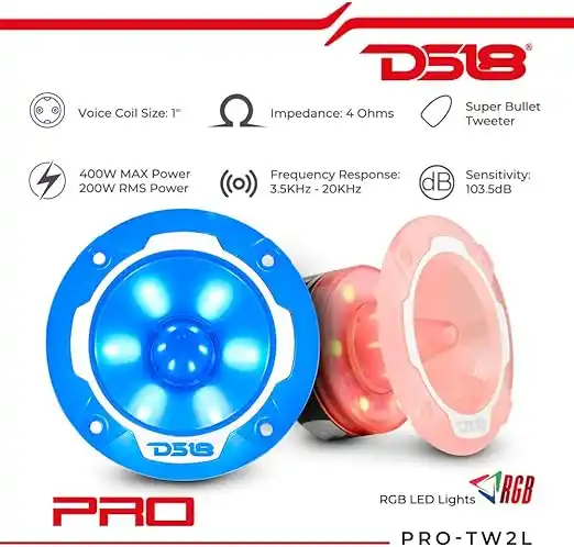 Super tweeter automotivo DS18 Pro-TW2L RGB vermelho com iluminação LED e potência de 400W RMS