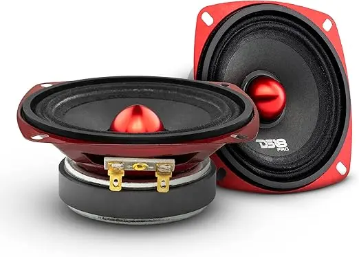 Alto-falante automotivo DS18 PRO-X4.4BMSL de 10 cm com moldura vermelha, cone preto e centro Bullet vermelho para som automotivo.
