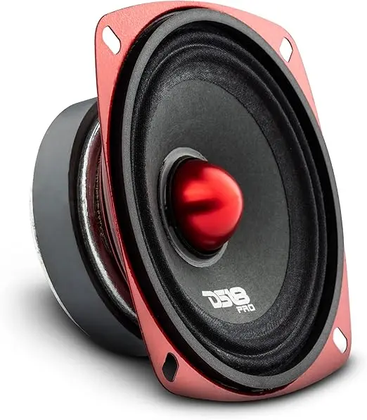 Alto-falante automotivo DS18 PRO-X4.4BMSL de 10 cm com moldura vermelha, cone preto e centro Bullet vermelho para som automotivo.