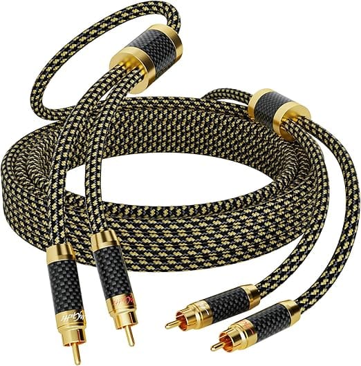 Cabo RCA Hi-Fi Mygatti de 1,5 metros banhado a prata com revestimento em nylon trançado."