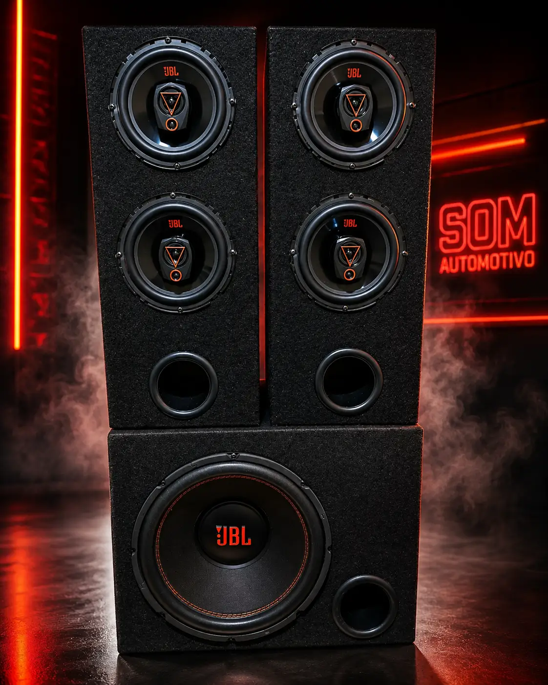 Caixa de som automotiva montada com componentes JBL,