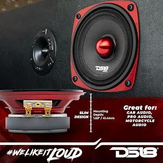 Alto-falante automotivo DS18 PRO-X4.4BMSL de 10 cm com moldura vermelha, cone preto e centro Bullet vermelho para som automotivo.