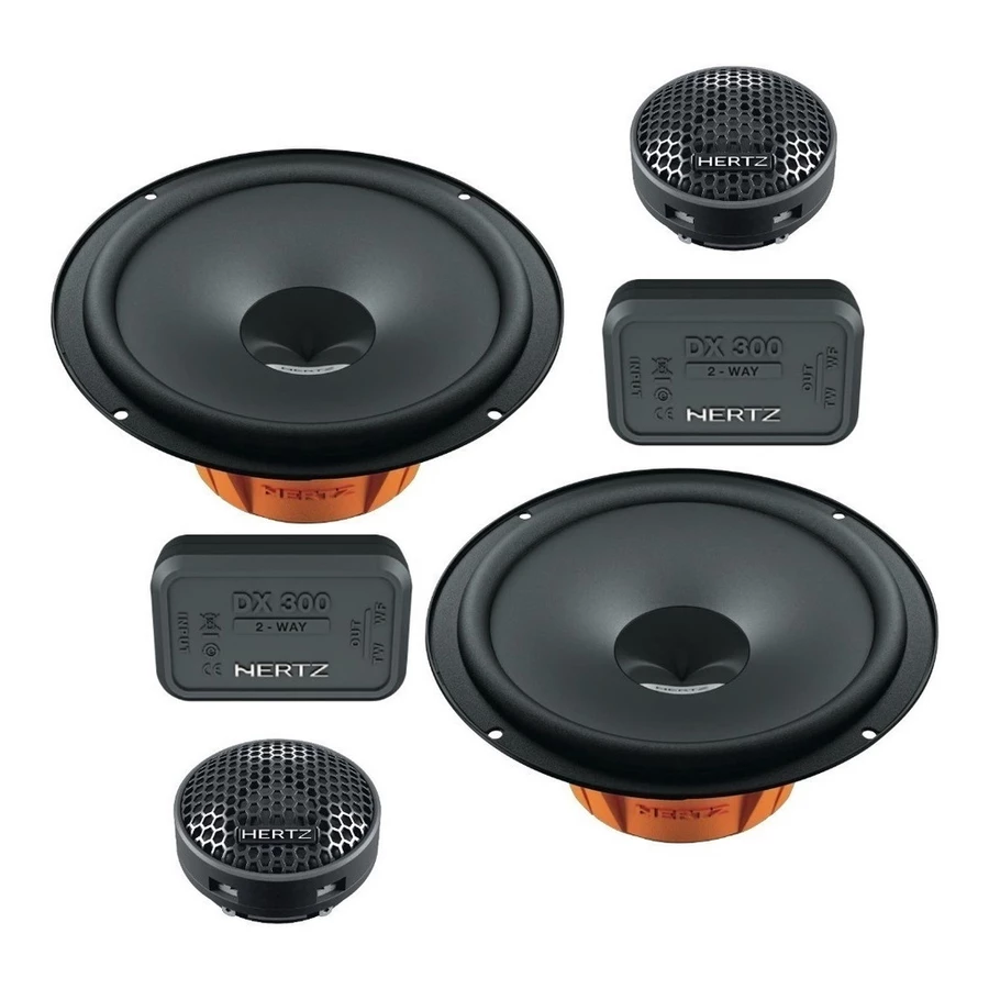 Kit 2 vias Hertz DSK 165.3 com alto falantes coaxiais DCX165.3 para som automotivo premium de alta potência e definição sonora. Legenda