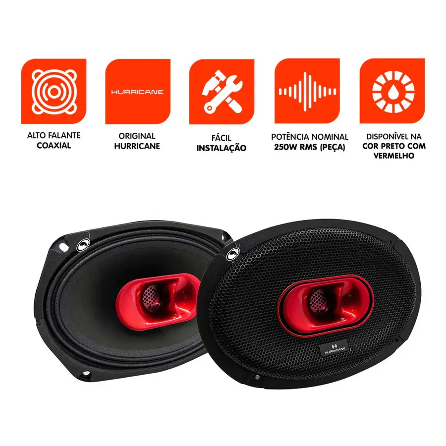 O Par Alto Falante Hurricane Pro MBC690 6x9 250W RMS oferece graves fortes, ótima definição sonora e excelente desempenho para projetos de som automotivo.